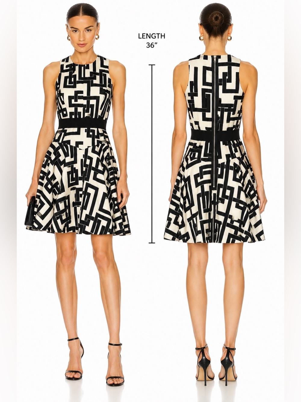 Milly of New York Dress Size 4 Black Ivory Geometric Fit Flare Cocktail Made USA